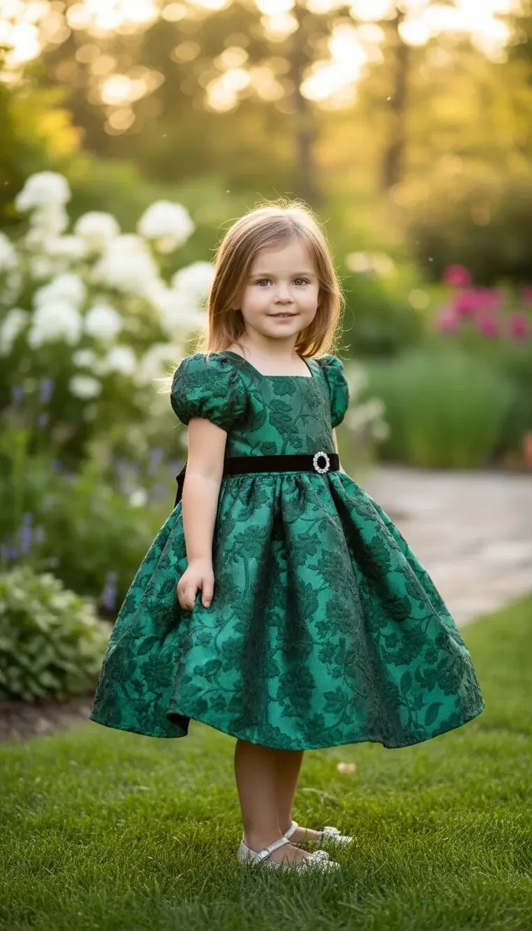 Rare Editions Green Floral Jacquard Puff Sleeve Bow Girls Dress 6 Knee